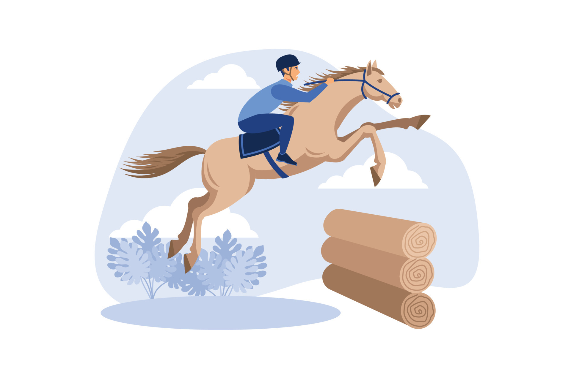 eventos equestres. ilustração de um cavalo com um cavaleiro pulando a  barreira das cabanas de madeira. um cavaleiro em um cavalo salta sobre um  obstáculo contra uma ilustração vetorial plana de nuvem